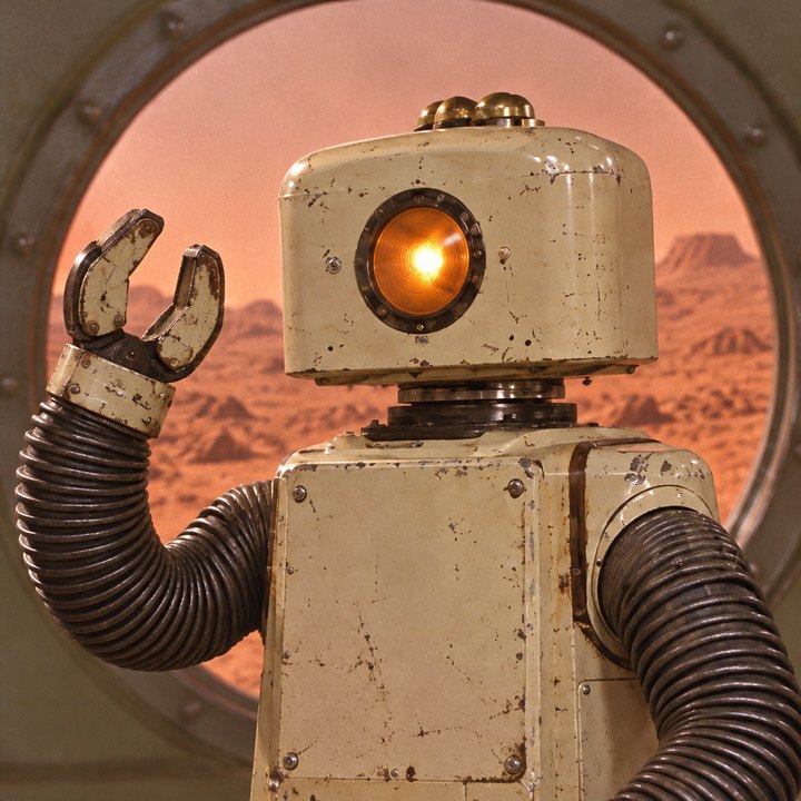 MarsX Robot: a boxy cream 1970s service robot with one glowing amber eye, waving from a Mars porthole